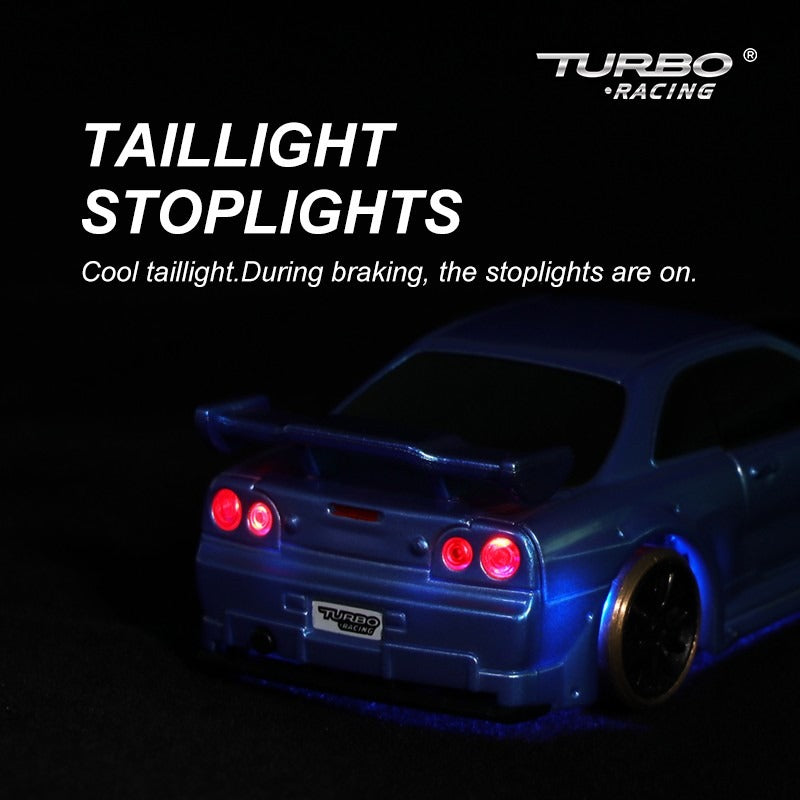 Turbo Racing C64 1:76 Micro Drift RC Car Blue – Gyro, Type-C, 2 Spare Shells