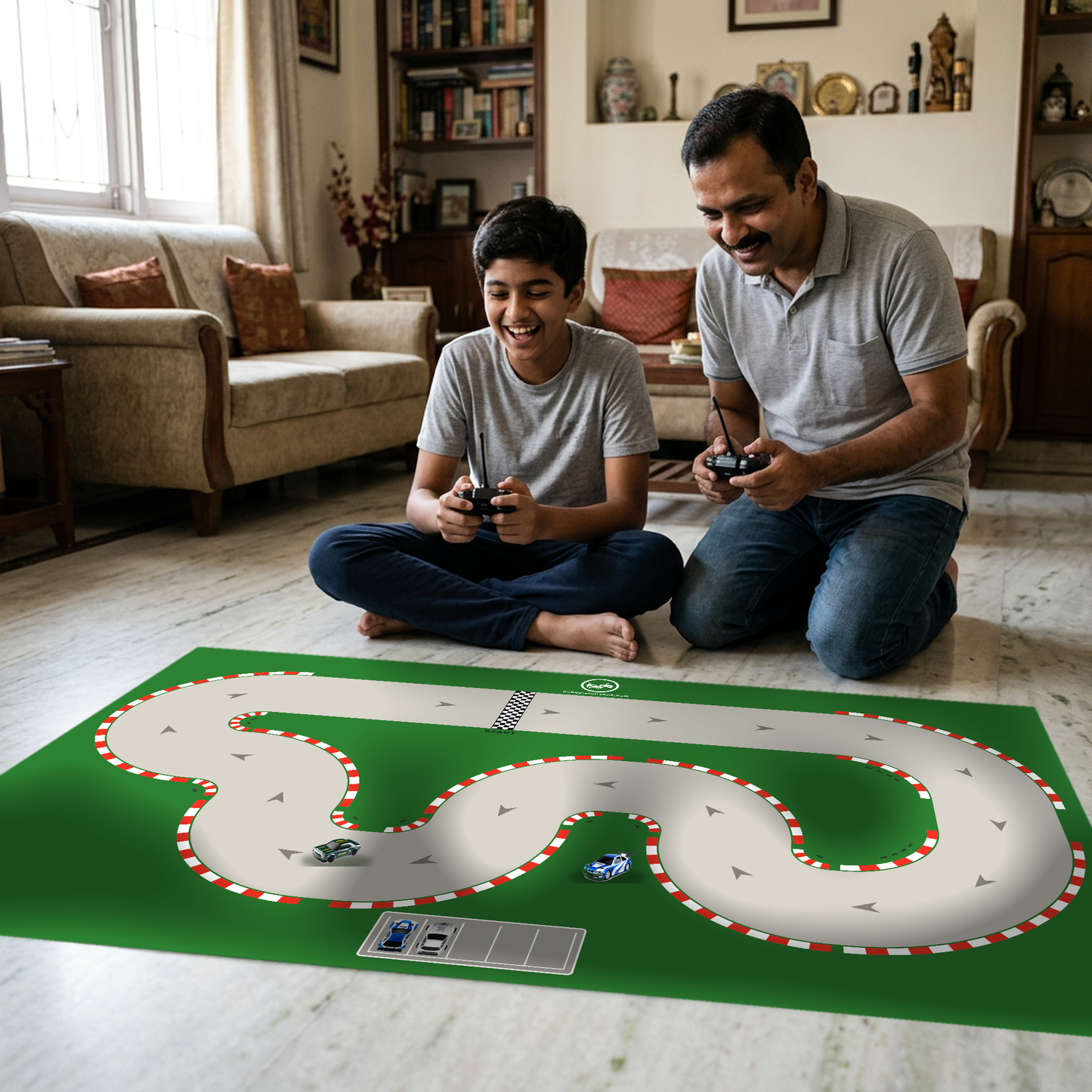 Father and son racing 1:43 RC drift cars on the Hobbyist Nirvana hairpin mat at home