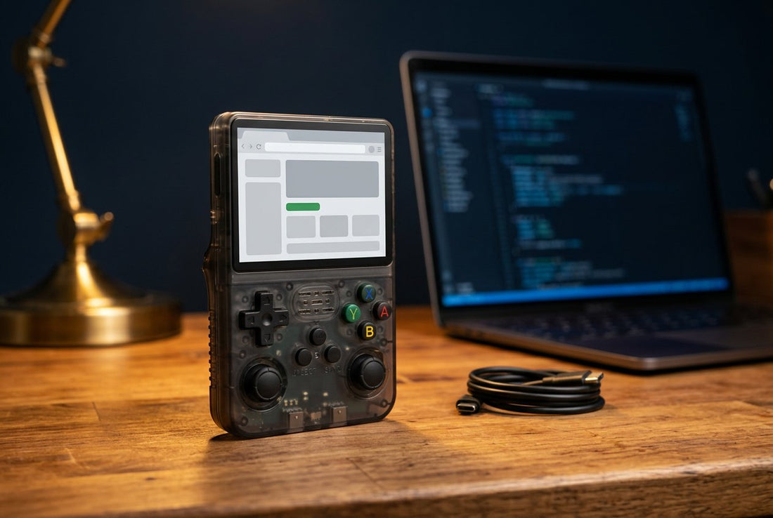 R36S WiFi handheld on a workbench running a web browser, laptop in the background