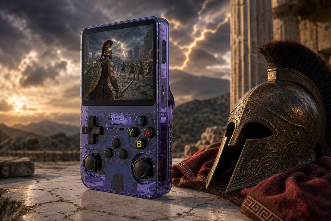 HN-R36S handheld on marble in a stormy Greek temple with Spartan-style gameplay on the screen