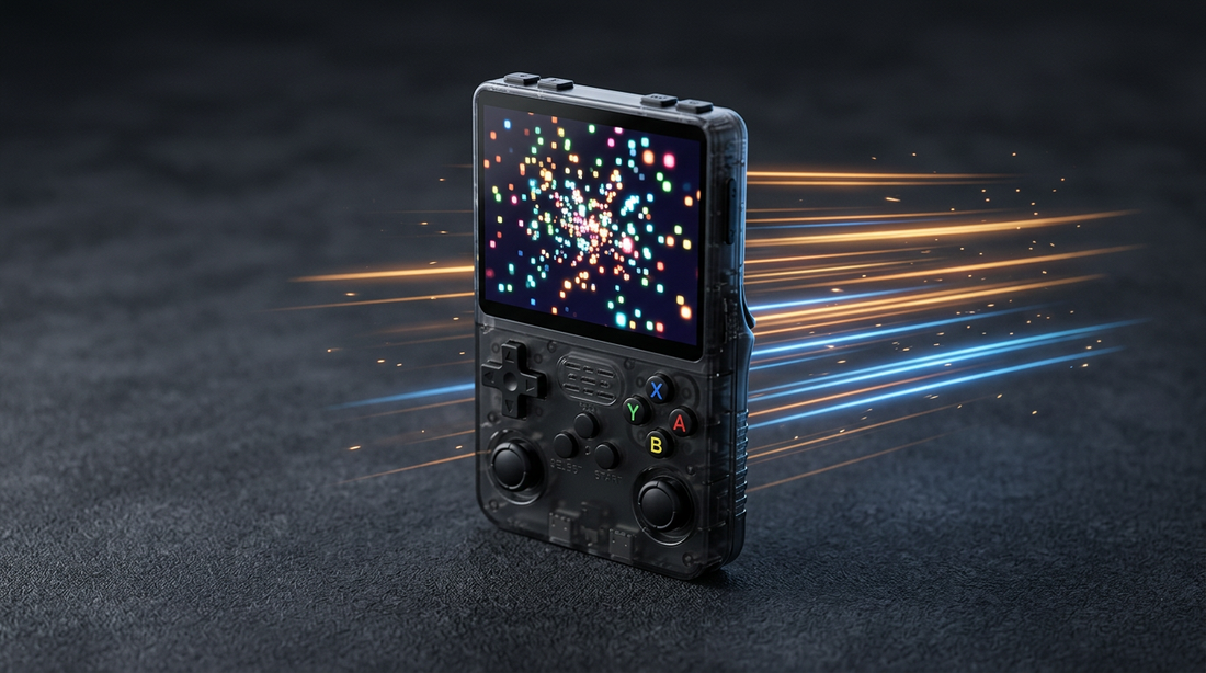 R36S handheld console lit with warm energy glow, illustrating overclocking