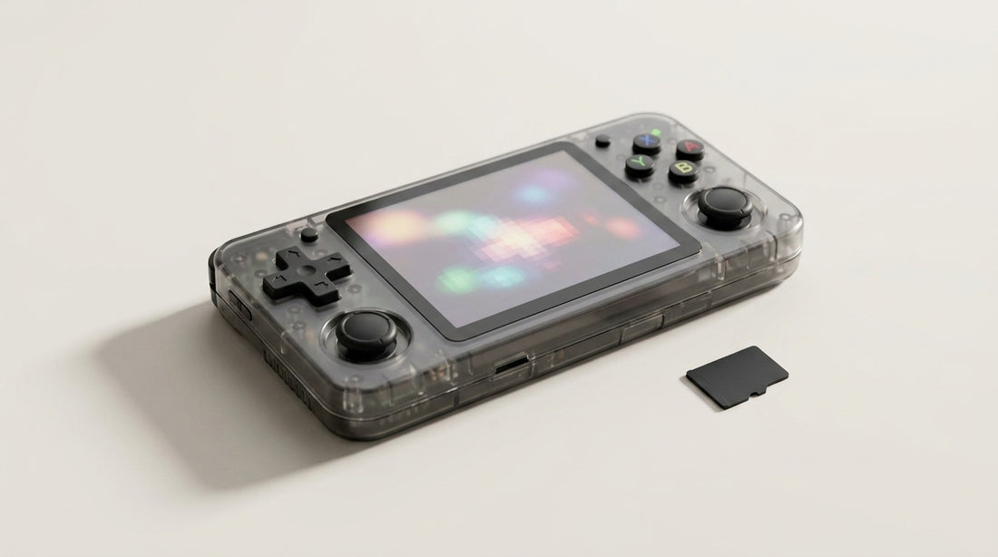 R36S handheld on a clean minimal background, illustrating minimalist firmware