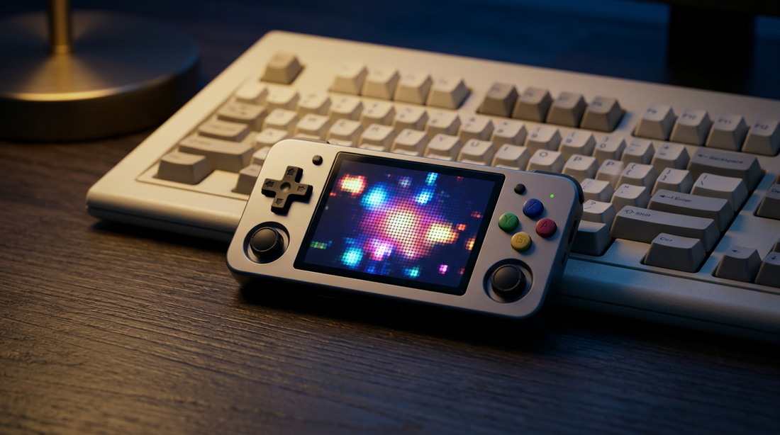 R36S handheld beside a retro PC keyboard, illustrating native PC game ports
