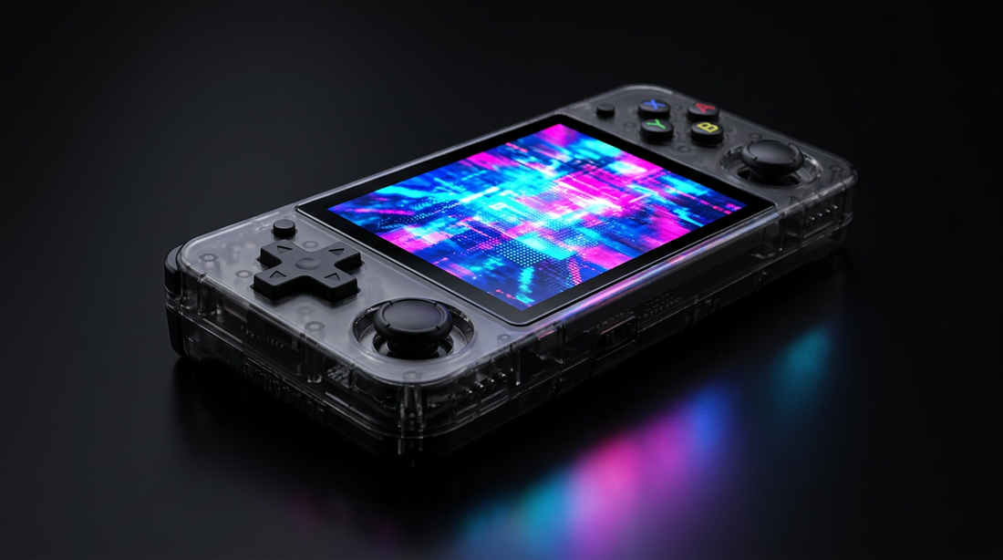 R36S handheld screen glowing with abstract 3D colour, illustrating PSP emulation