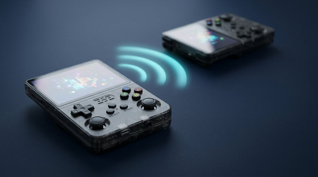 Two R36S handhelds with abstract wireless light arcs between them