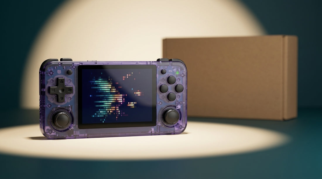 R36S handheld presented on a warm background, illustrating buying genuine in India