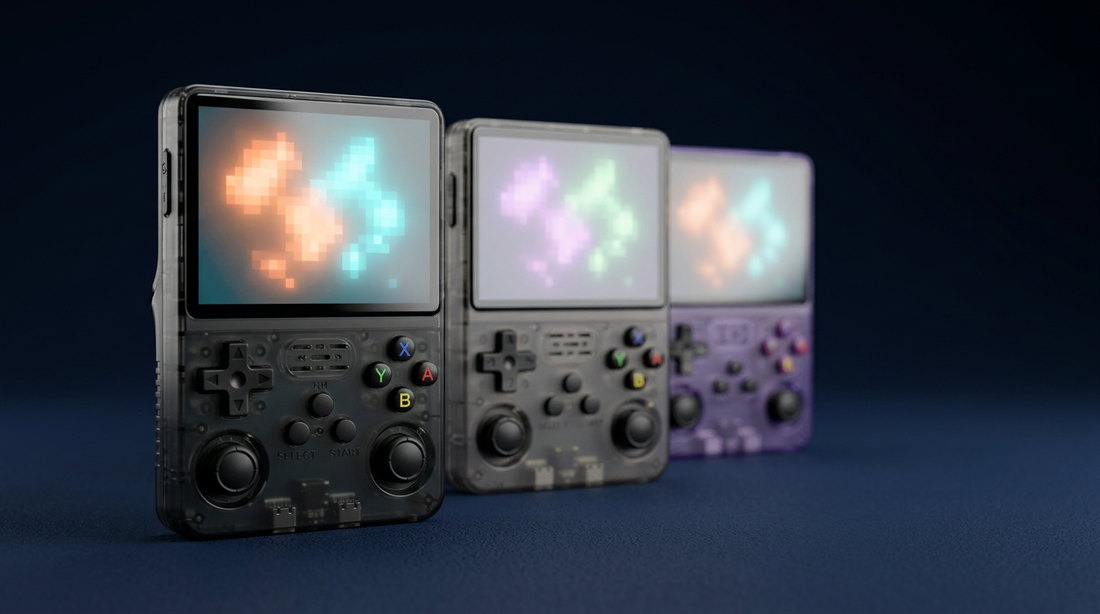 A row of retro gaming handhelds arranged for comparison
