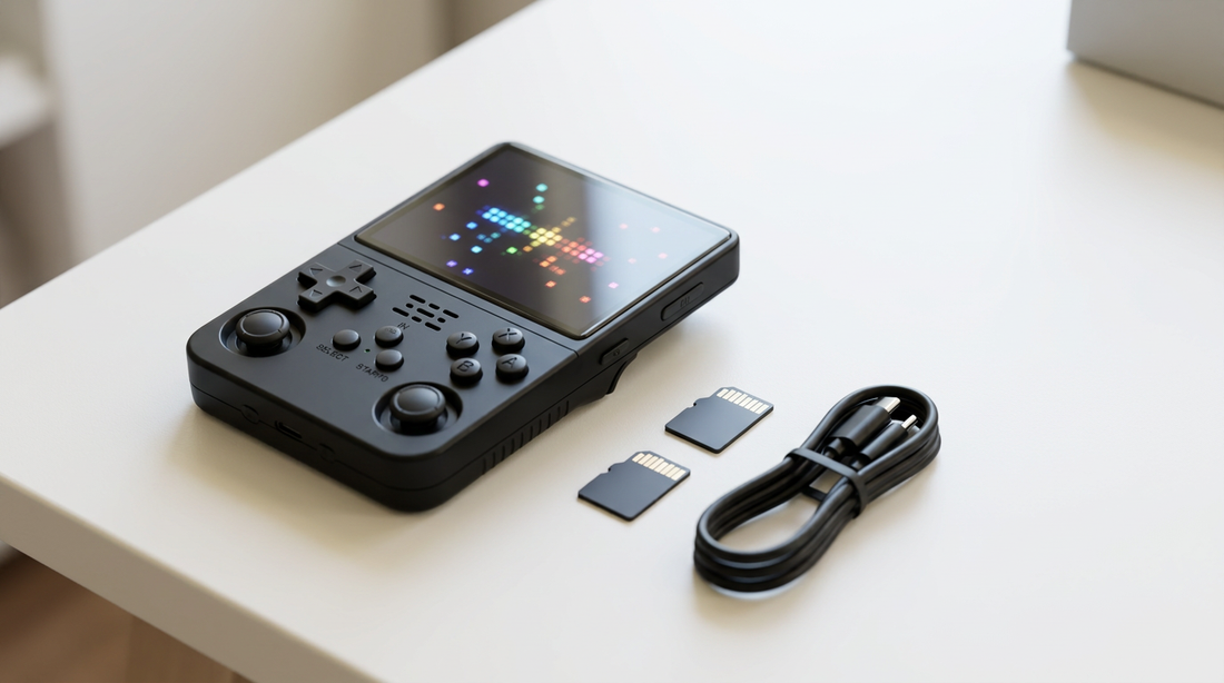 R36S handheld with two microSD cards laid out for first-time setup