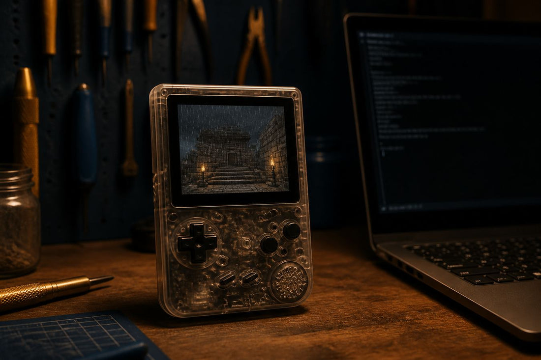 RK3326 handheld on a workbench with original pixel-art combat on the screen, no logos