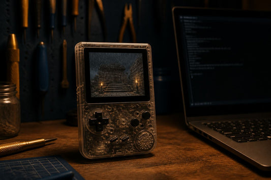 RK3326 handheld on a workbench with original pixel-art combat on the screen, no logos