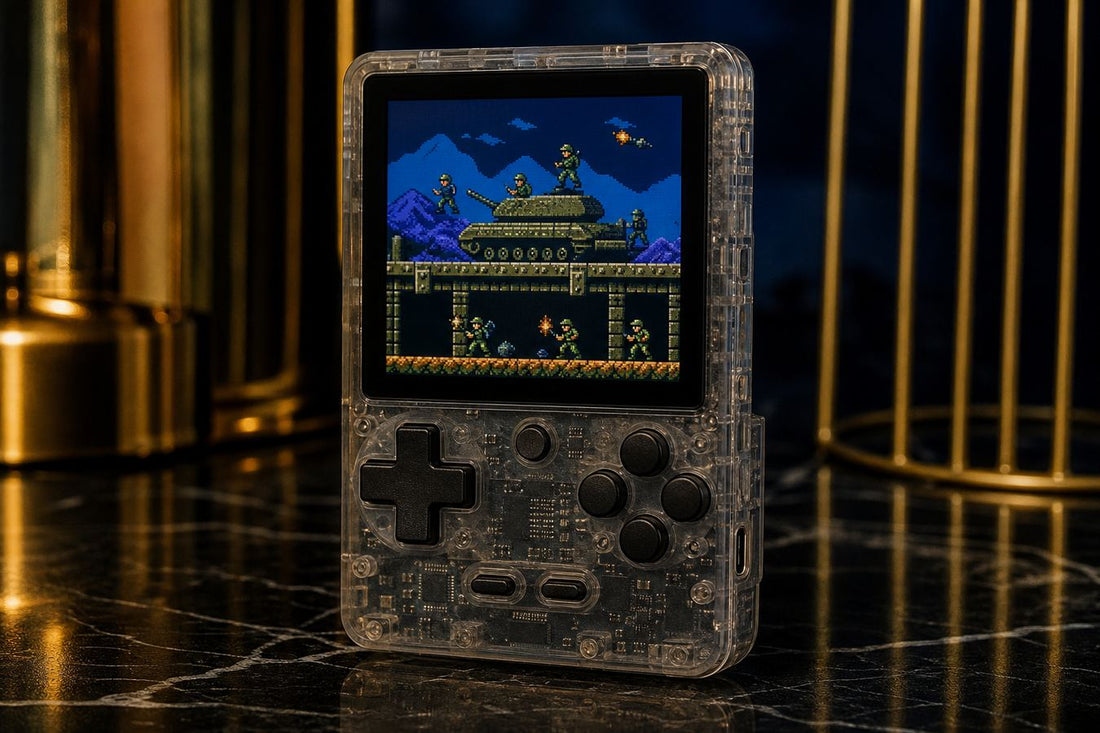 R36S Plus-style handheld on dark marble, square screen showing original pixel art, no logos