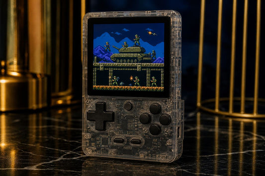 R36S Plus-style handheld on dark marble, square screen showing original pixel art, no logos