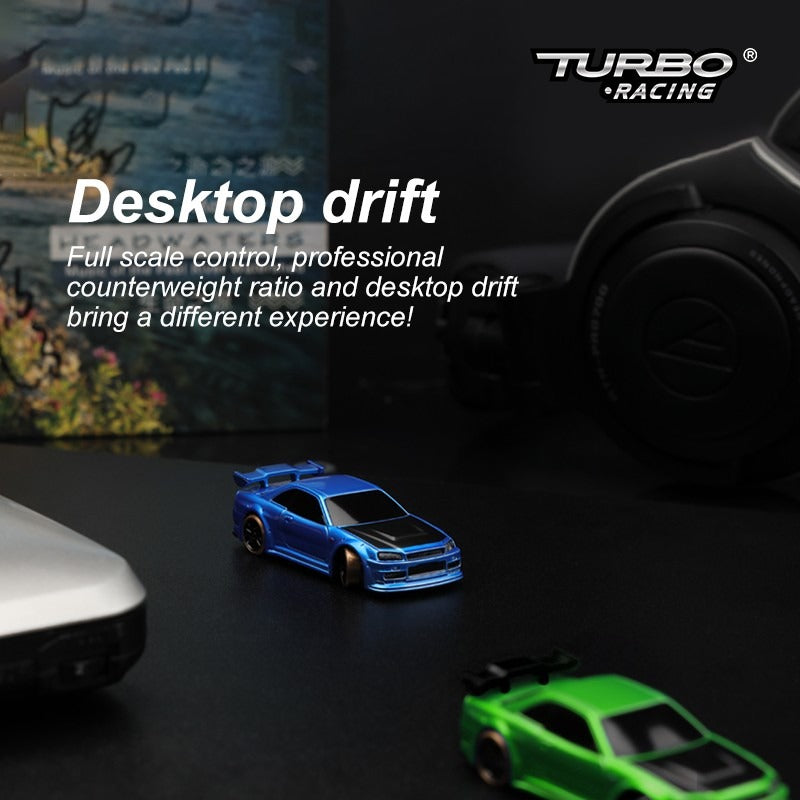 Turbo Racing C64 1:76 Micro Drift RC Car Blue – Gyro, Type-C, 2 Spare Shells
