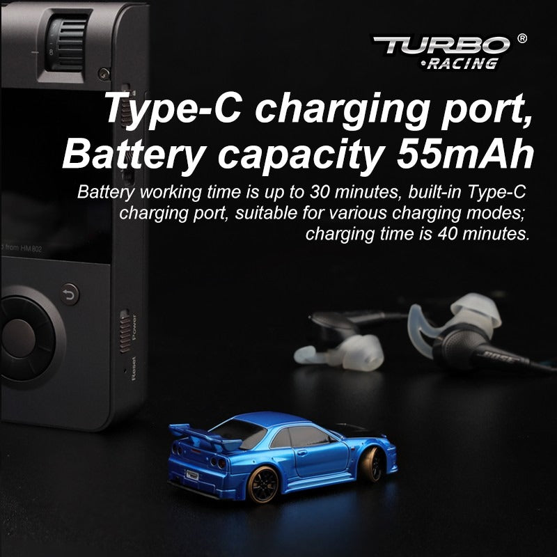 Turbo Racing C64 1:76 Micro Drift RC Car Blue – Gyro, Type-C, 2 Spare Shells