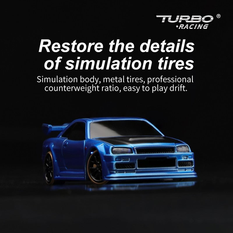 Turbo Racing C64 1:76 Micro Drift RC Car Blue – Gyro, Type-C, 2 Spare Shells