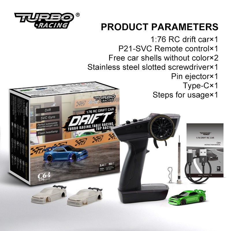 Turbo Racing C64 1:76 Micro Drift RC Car Blue – Gyro, Type-C, 2 Spare Shells