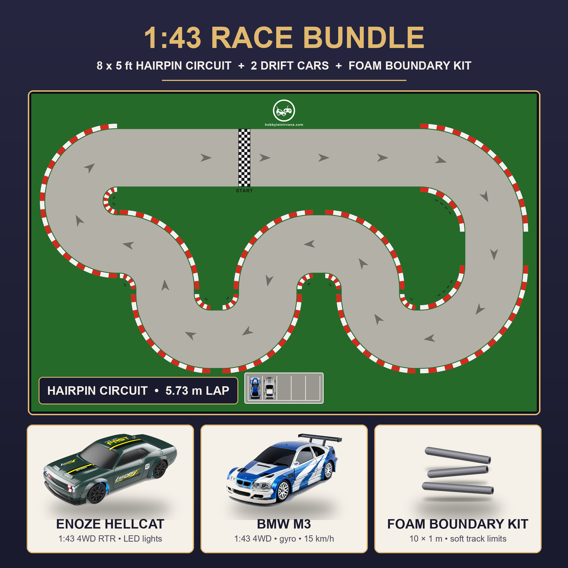 Hobbyist Nirvana 1:43 race bundle: 8 x 5 ft hairpin drift mat, Enoze Hellcat and BMW M3 1:43 drift cars, and a foam pipe-insulation boundary kit