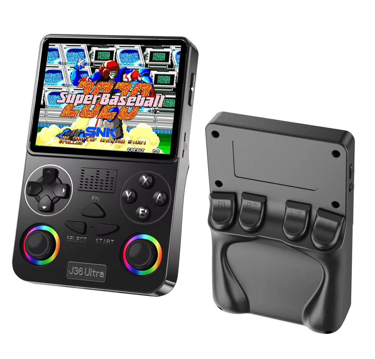 J36 Ultra handheld retro game console in black, front and back view