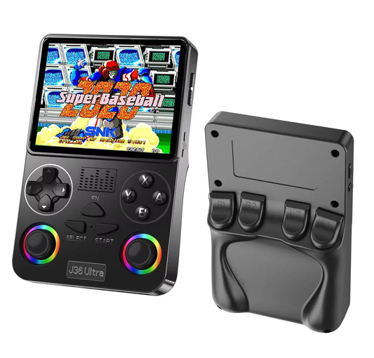 J36 Ultra handheld retro game console in black, front and back view