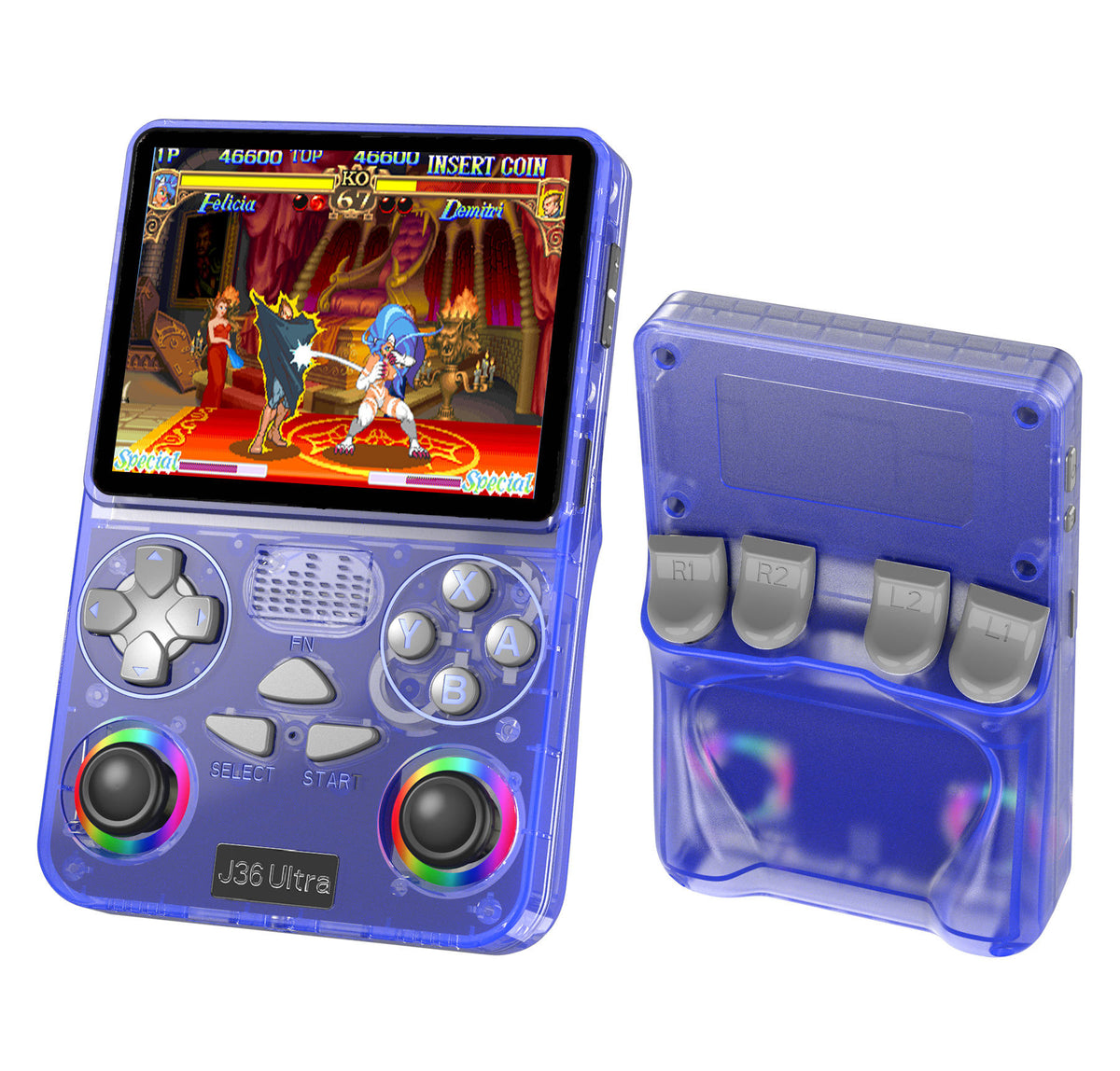 J36 Ultra handheld retro game console in transparent blue, front and back view