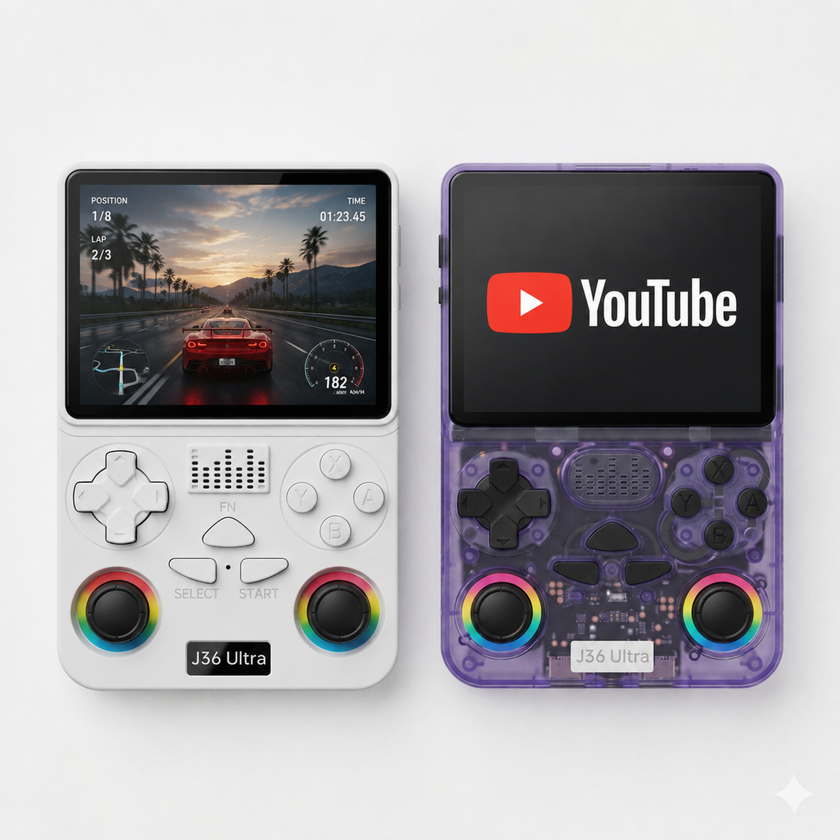 J36 Ultra handheld showing YouTube on screen alongside gameplay