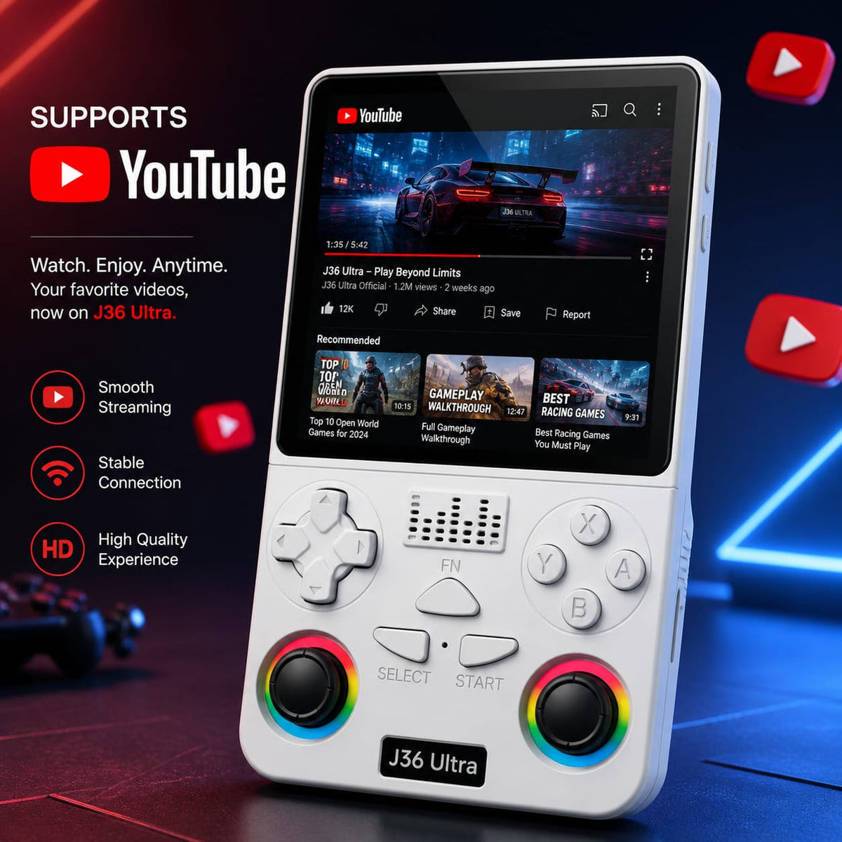 J36 Ultra supports YouTube - watch videos on the handheld over WiFi