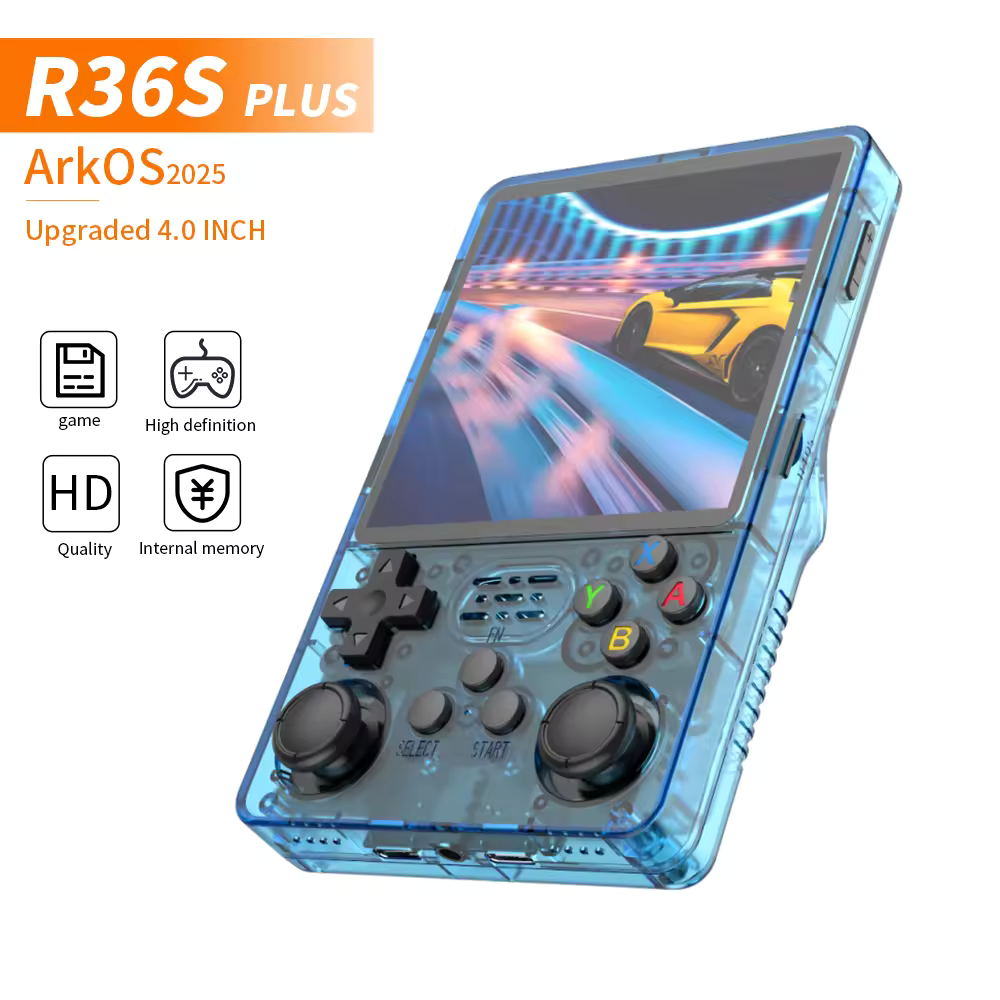 R36S Plus handheld retro game console - transparent blue