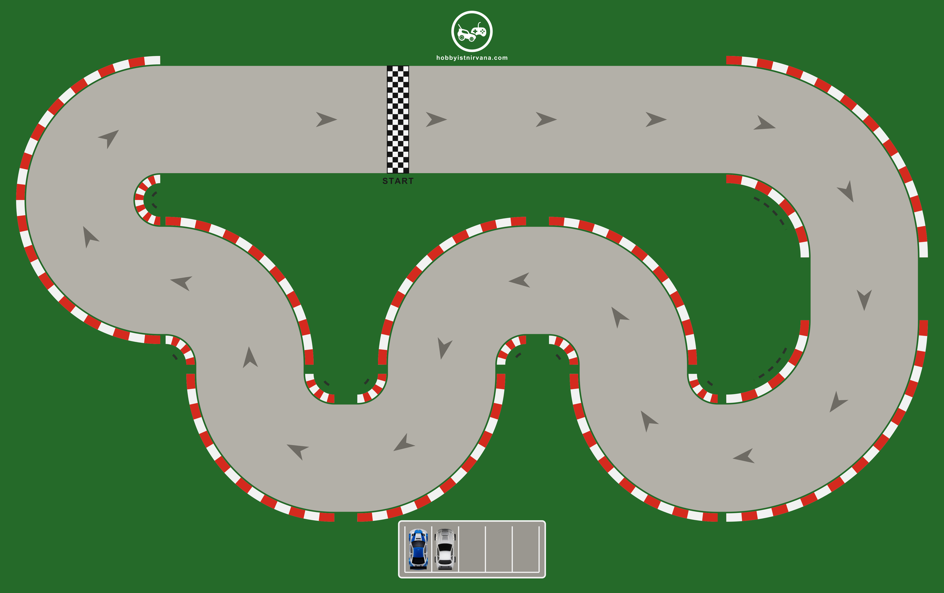Hobbyist Nirvana 1:43 RC drift mat, 8 x 5 ft hairpin circuit layout with kerbs and pit box
