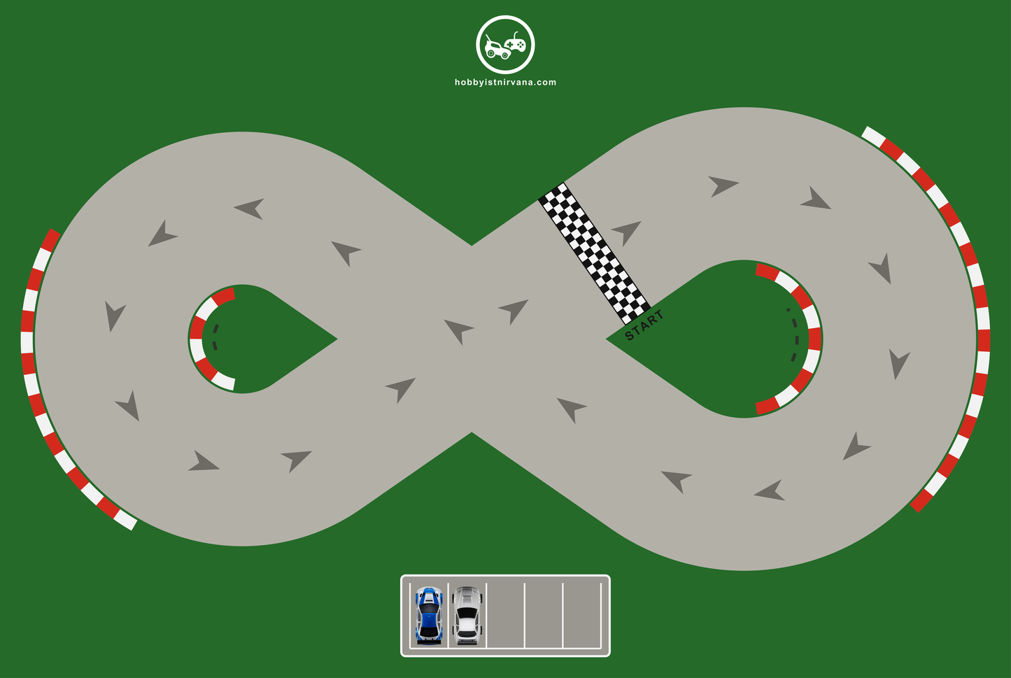 Hobbyist Nirvana 1:43 RC drift mat, 6 x 4 ft figure-8 track with kerbs, pit box and start line