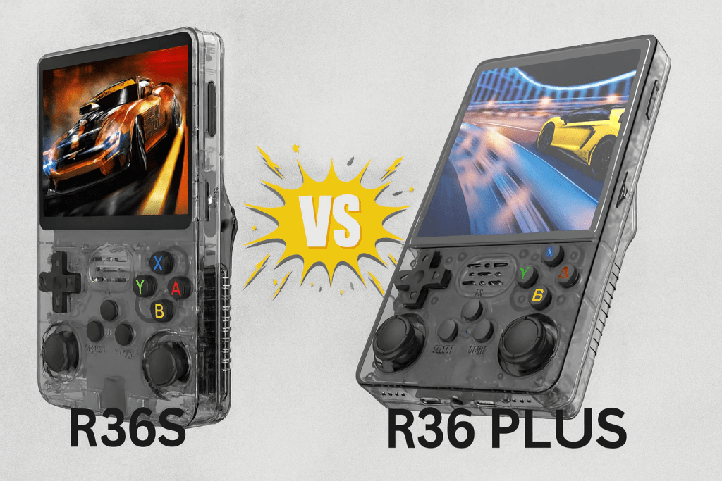 Comparison of two handheld gaming consoles, R36S and R36 Plus, showcasing their screens and controls.